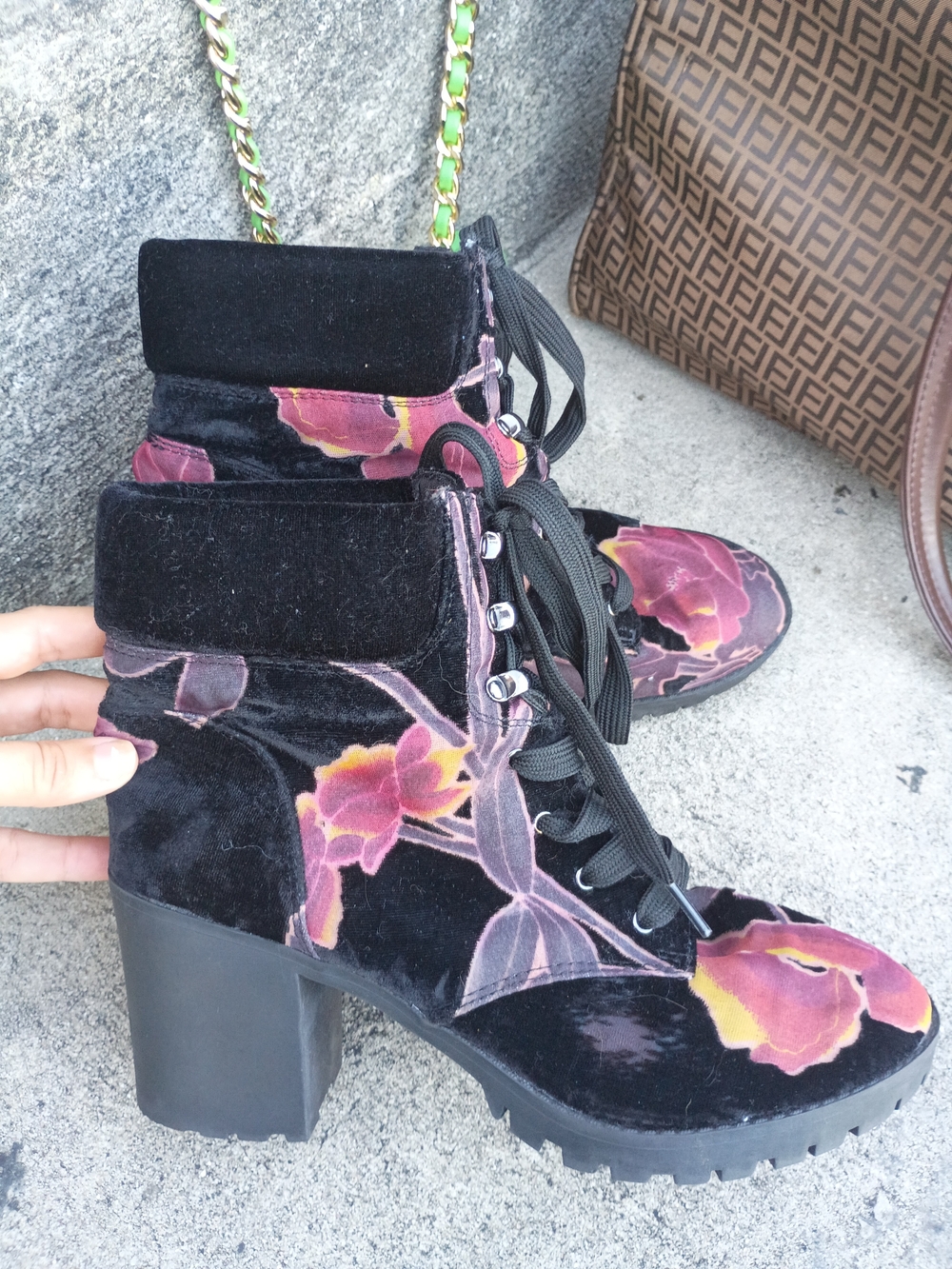 Floral Velvet Lace-Up Ankle Boots - Black & Pink